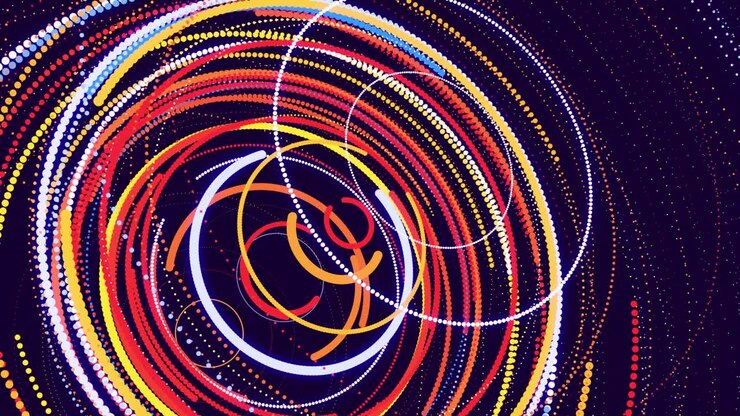 abstract bg with multicolored particles and lines twisted into rings rotate cyclically. Looped animation as a motion design background of curved lines and particles. Beautiful ribbons. Luma matte