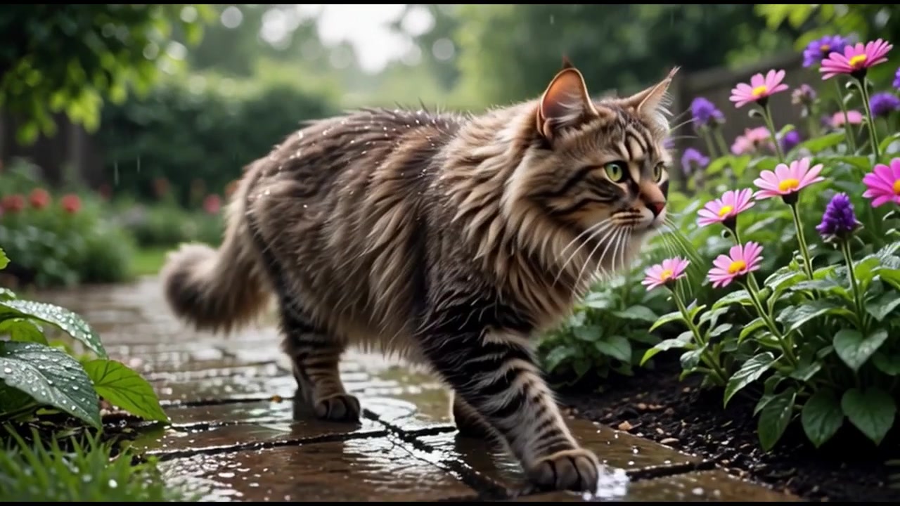 Gatto soriano soffice che cammina su un sentiero bagnato del giardino sotto la pioggia