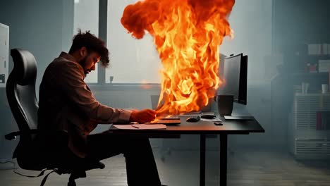 man on fire at his desk