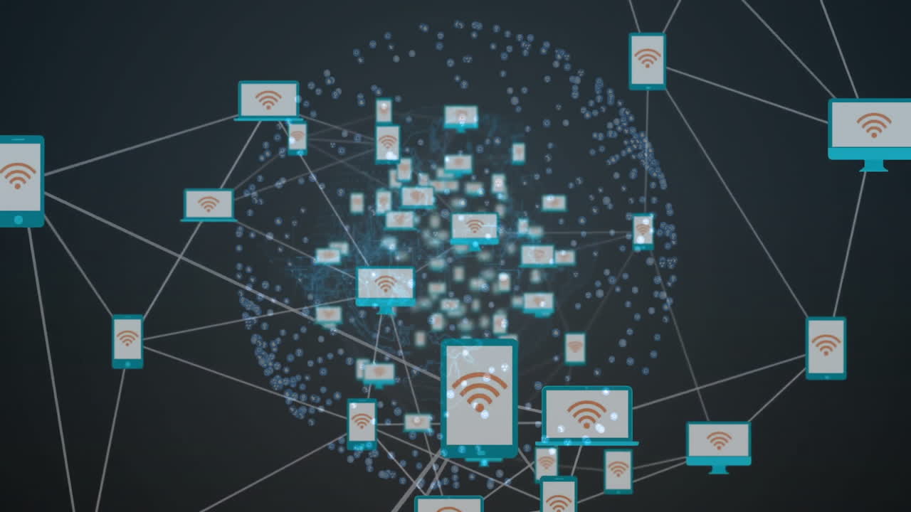 Network of connected devices and Wi-Fi symbols, digital communication animation