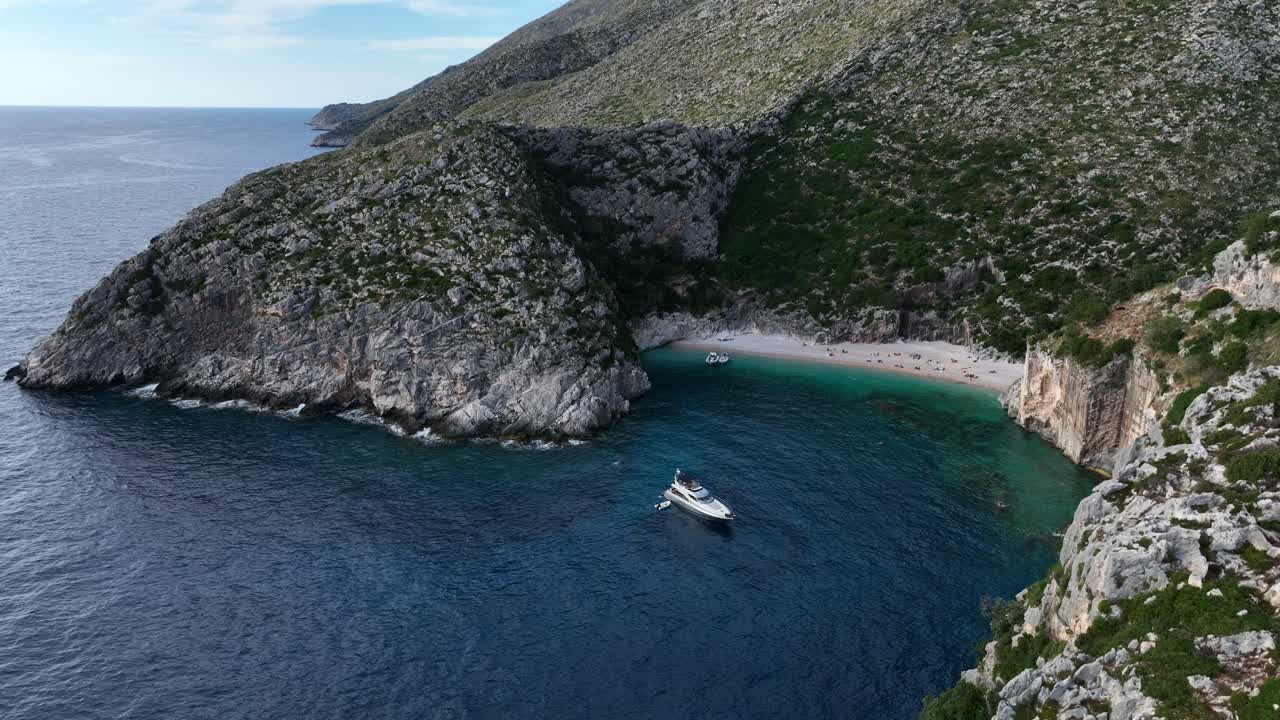 A beautiful aerial view of a secluded beach in Shpella, Albania, with crystal-clear waters