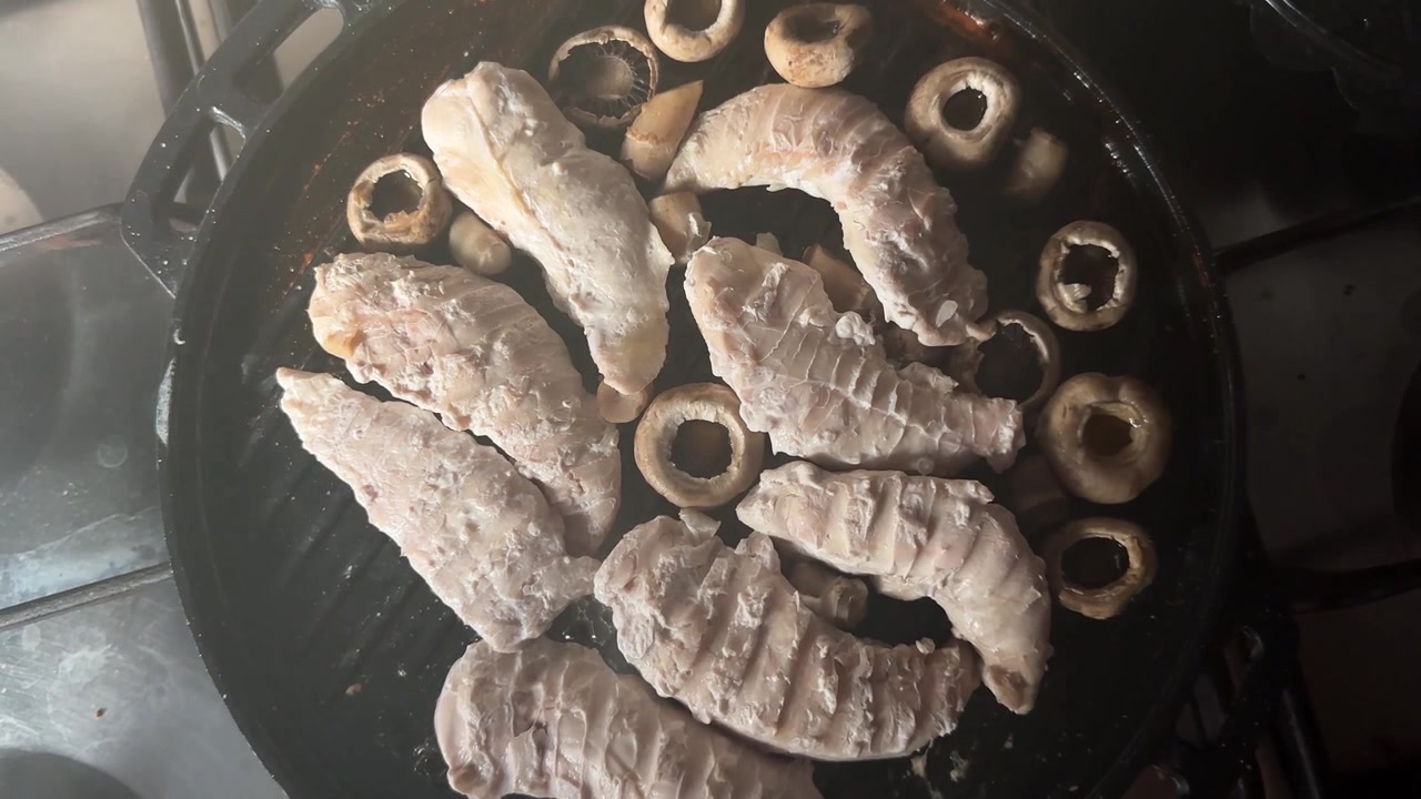 Steaming vapor foggy on lens condensation grilled chicken fillet with mushrooms crispy healthy protein Persian Iranian homemade cooking kitchen dinner savory barbecue closeup Tehran California family