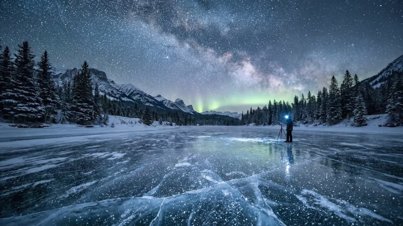 Aurora Borealis over a Frozen Lake with Star Trails | Premium Stock ...