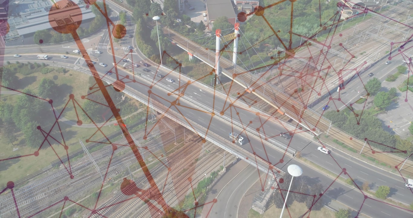 Overlay appearing over highway overpass shifting purple to red as cars traveling showing flow