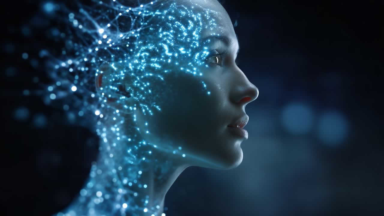 A striking portrayal of a futuristic head with illuminated neural connections, showcasing the intersection of technology and human-like features in a digital landscape