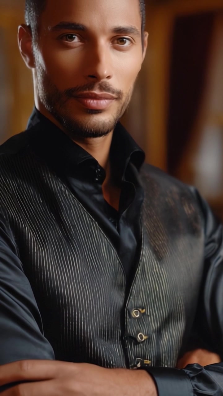 Homem Elegantemente Vestido em Close-Up: Colete Elegante e Expressão Confiante Capturados em Ricas Texturas e Tons Quentes, Exibindo Charme e Carisma.