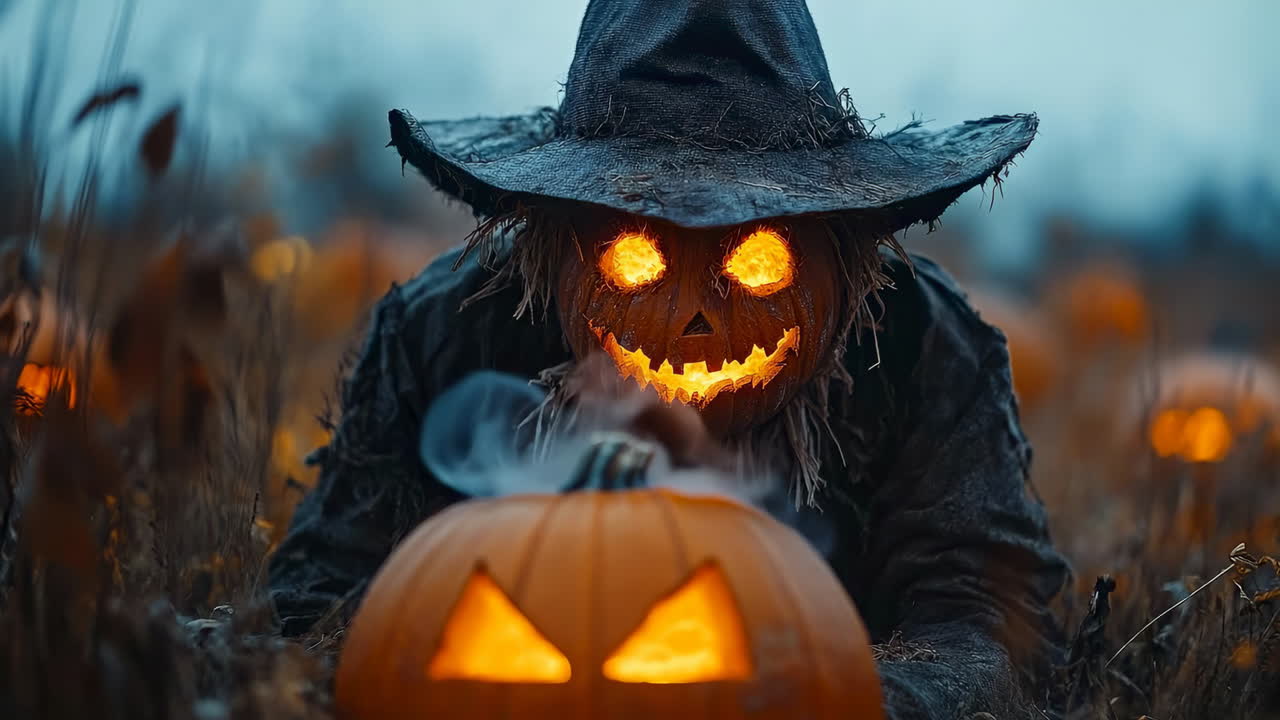 Spooky scarecrow at dusk. A scarecrow with glowing eyes looms among pumpkins as twilight casts a spooky vibe over the field