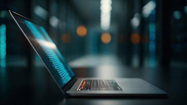 A sleek laptop displaying vibrant data patterns in a futuristic environment, showcasing technology and digital innovation in a modern workspace setting