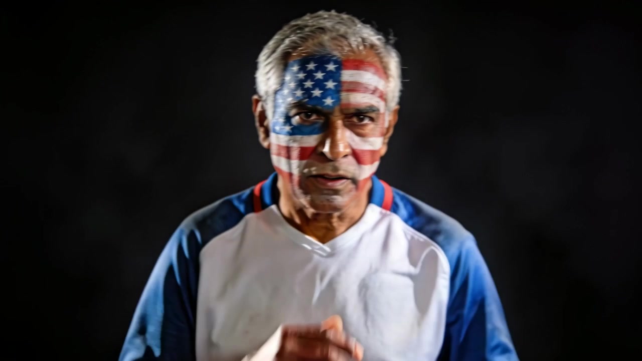 Começando, senhor com pintura facial de bandeira aquecendo-se enquanto corre no estúdio, vestindo camiseta esportiva.