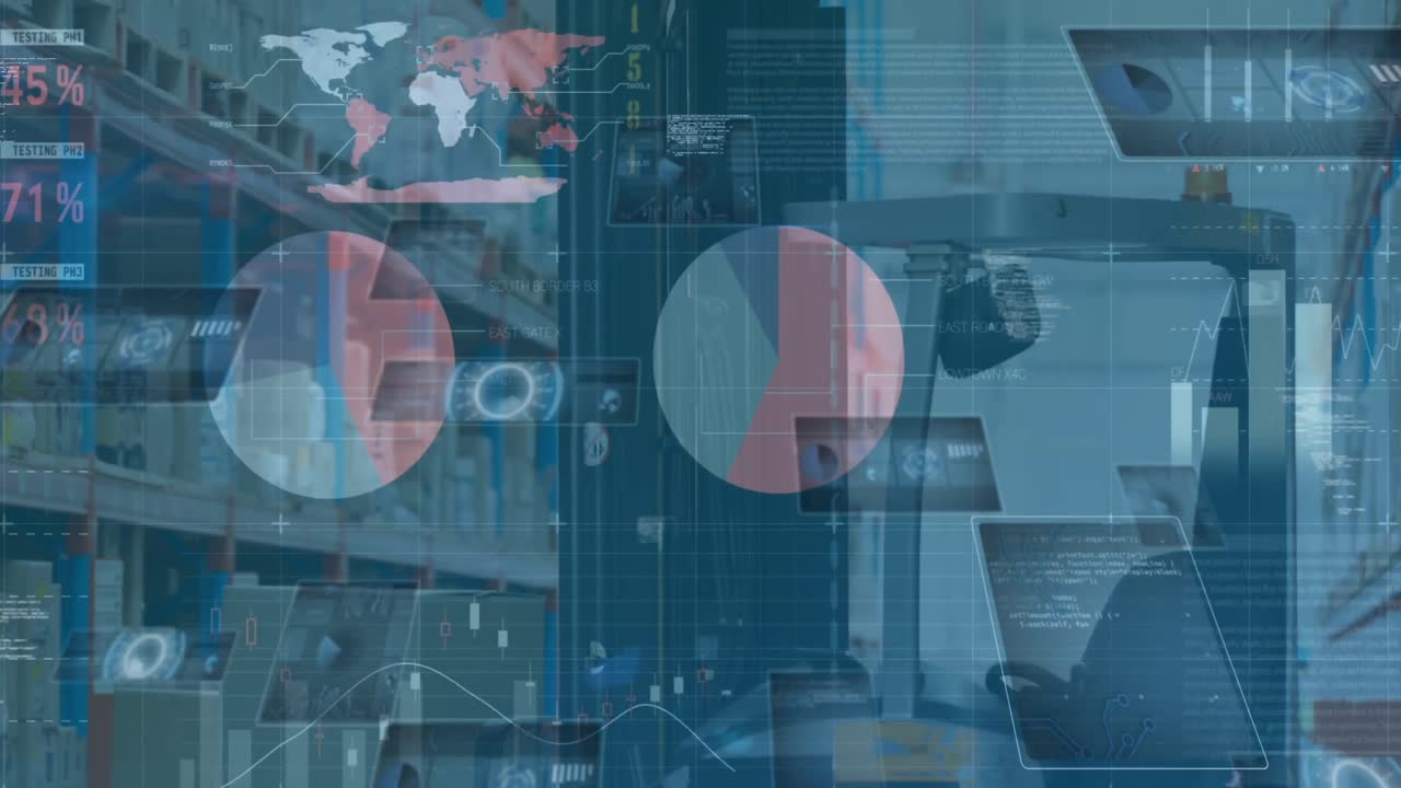 animación de la interfaz infográfica sobre una carretilla elevadora estacionada desocupada en un almacén