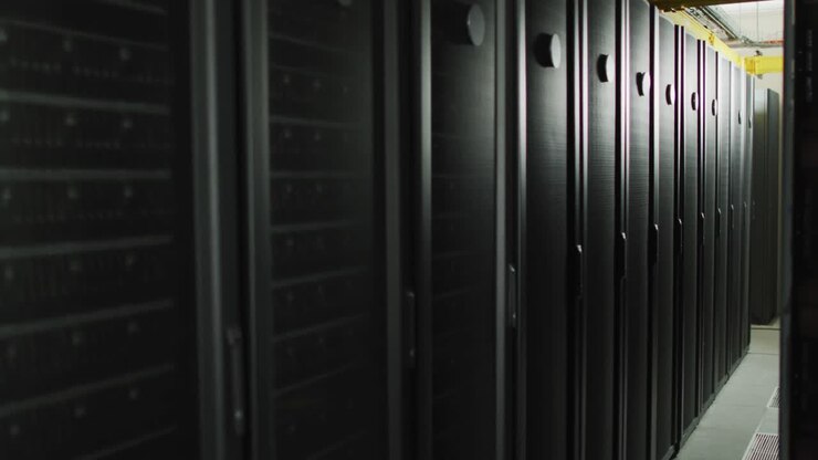 Row of computer servers and corridor in tech room