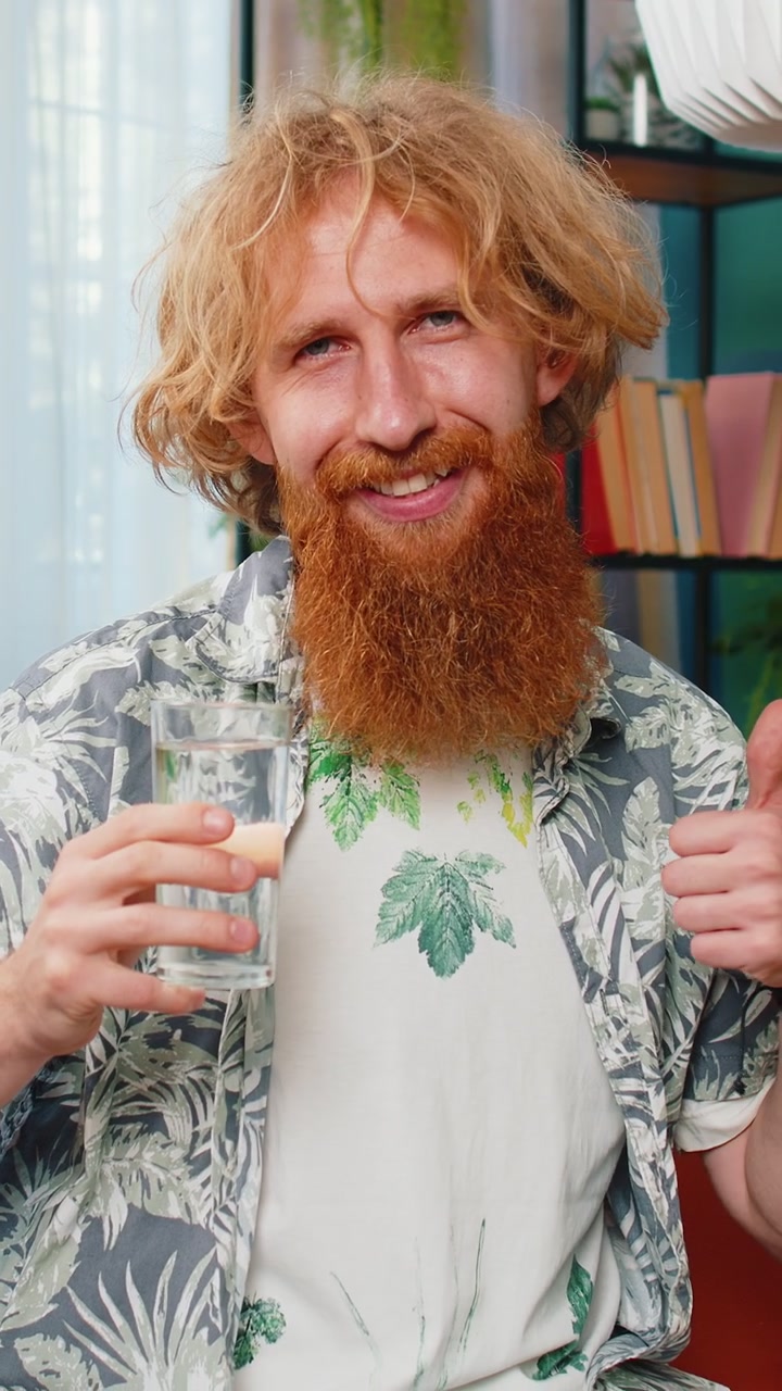 Tørstig mand sidder derhjemme, holder et glas naturligt vand, tager slurke og drikker filtreret vand.