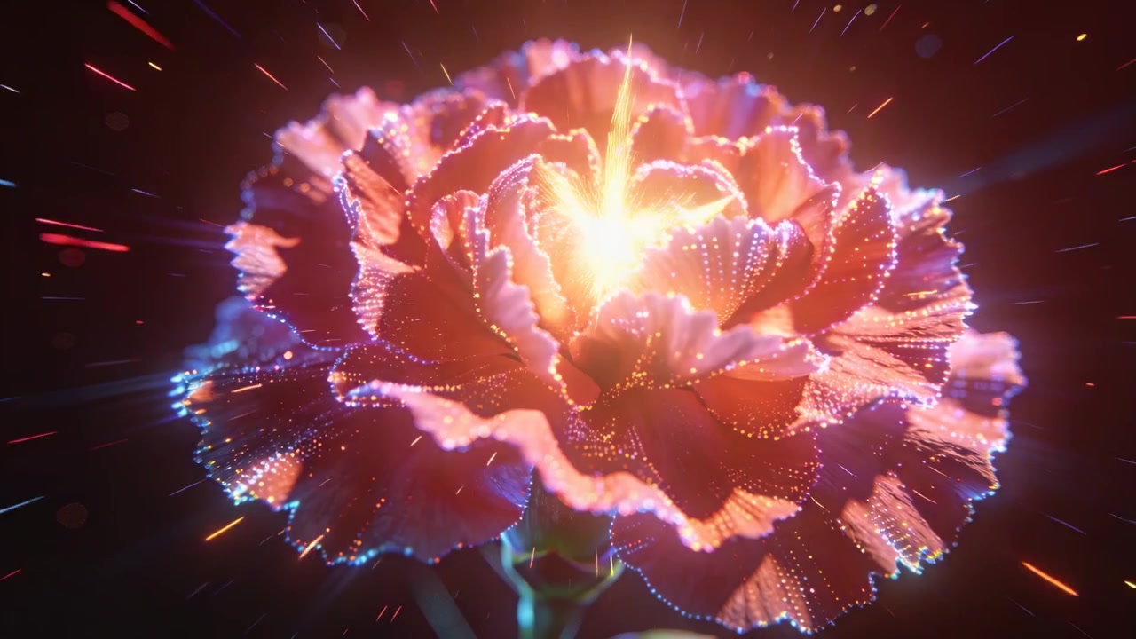 Beaming carnation blossom pulsing sending glowing dots in studio as inner glow rising, forming halo