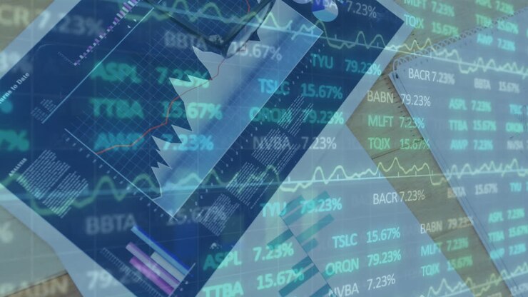 Animation of financial data processing over person writing in office