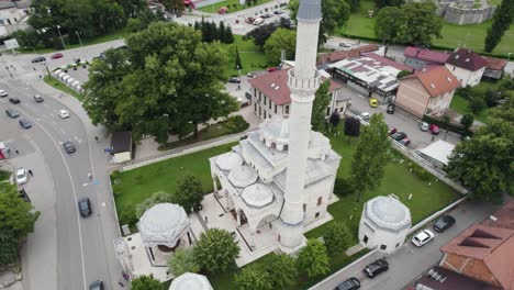 ferhat pasha mosque aerial view rotating above stunning ottoman islamic tower in banja luka, bosnia