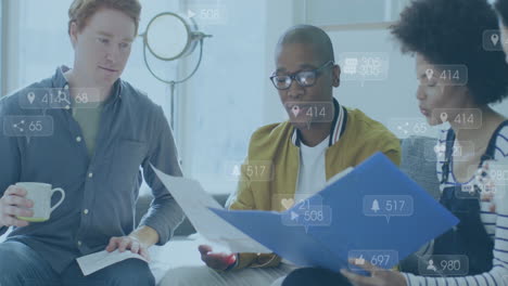 Animation of notification bars over diverse coworkers sharing ideas in office