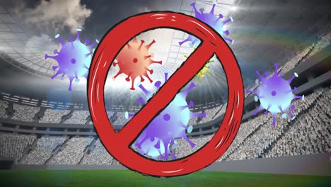 animation of no entry sign over covid 19 cells and sports stadium