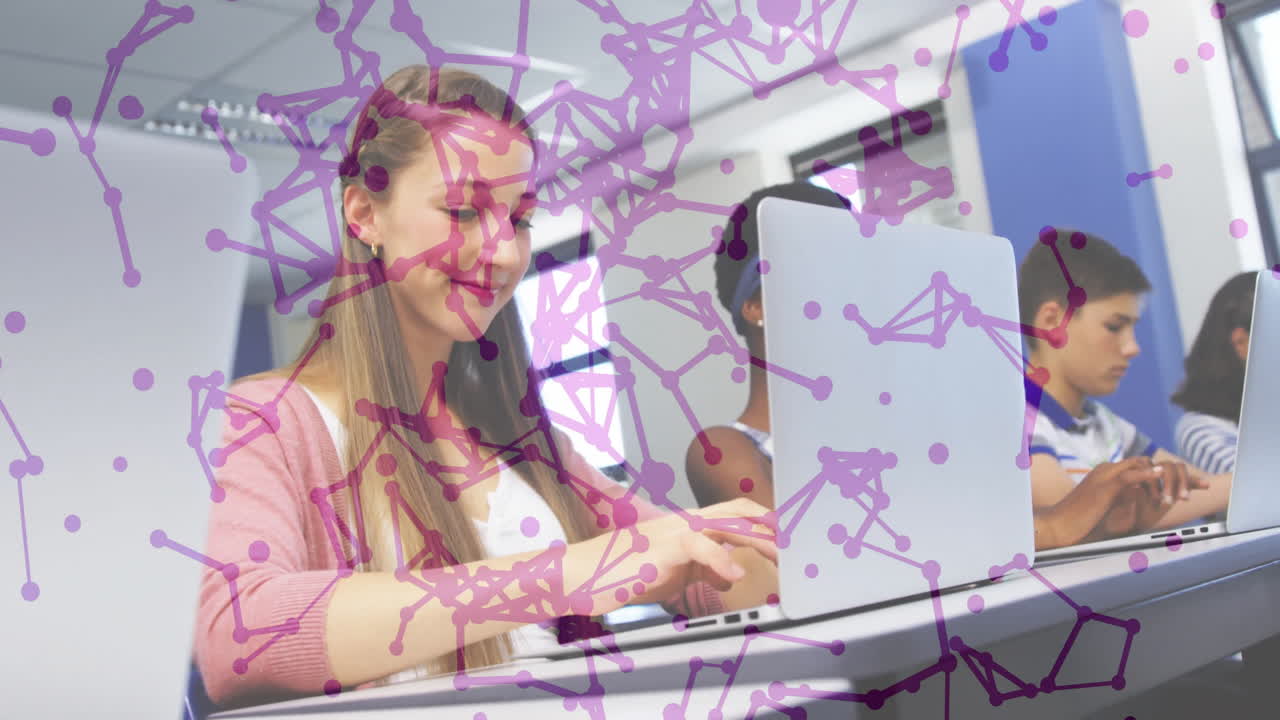 Female student typing on laptop in classroom, with animated data graphs illustrating education tech