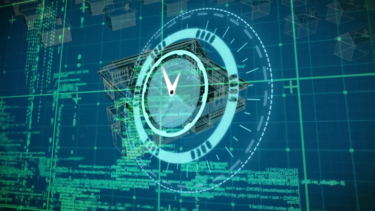 Animation of clock moving over data processing and house project