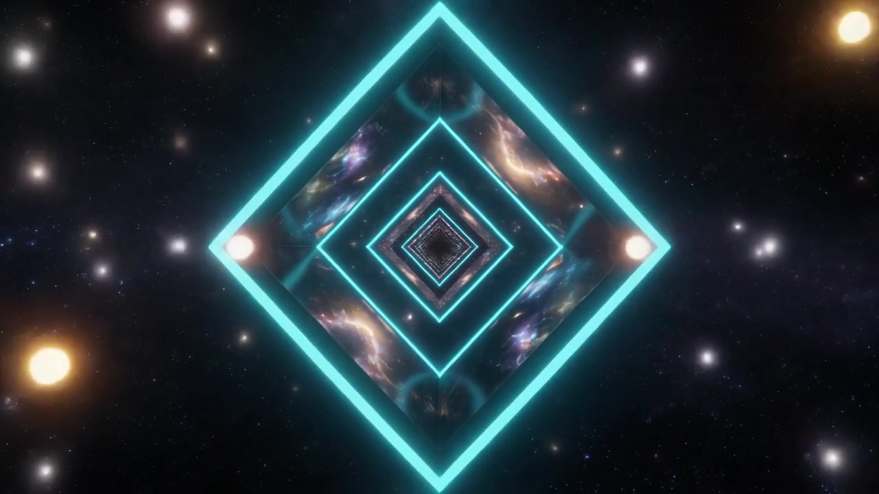 Abstract Tunnel of Glowing Neon Squares in Deep Space
