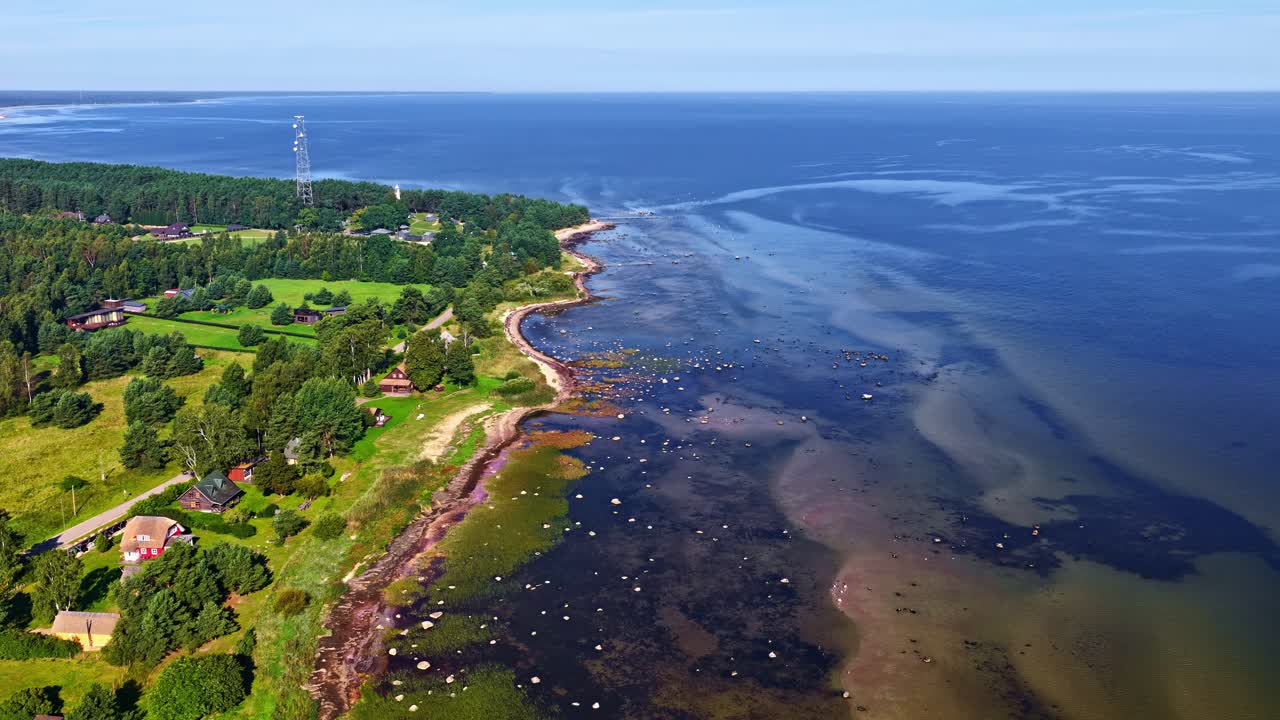 Levende kystlandskab med landsby og skov, luftfoto fremadrettet