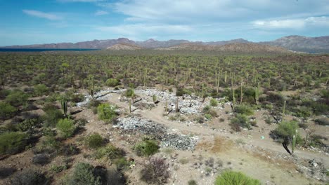 a sight of garbage contaminating the desert scenery of mulege, baja california sur, mexico - aerial drone shot