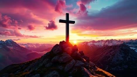 a cross on top of a mountain at sunset