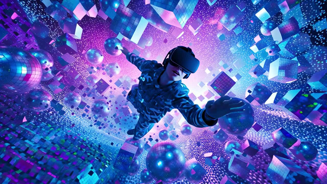 A captivating experience of virtual reality is depicted in these frames, showcasing immersive digital landscapes with vibrant colors and dynamic geometric shapes, creating a surreal atmosphere