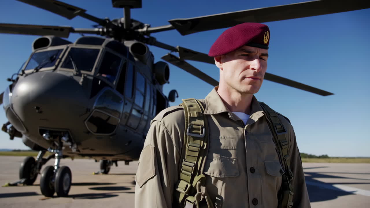 Military Soldier Standing Guard Near Helicopter