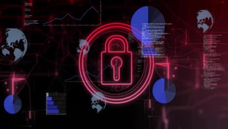 Animation-of-padlock-in-circles,-graphs,-globes-and-computer-language-over-black-background