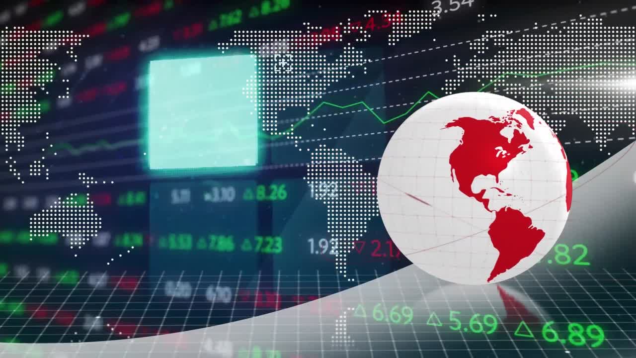 네온 사각형 모양의 애니메이션과 회전하는 지구와 세계 지도에 대한 주식 시장 데이터 처리