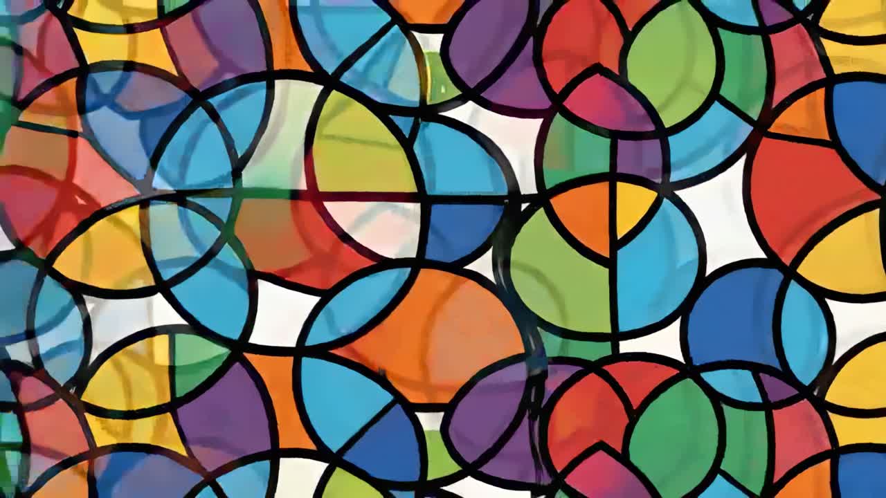 Mosaic of circles shifting on play with translucent overlaps to form dense panel with black lines