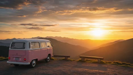 a vintage pink van overlooking a stunning sunset in the mountains: a serene escapade captured from two perspectives
