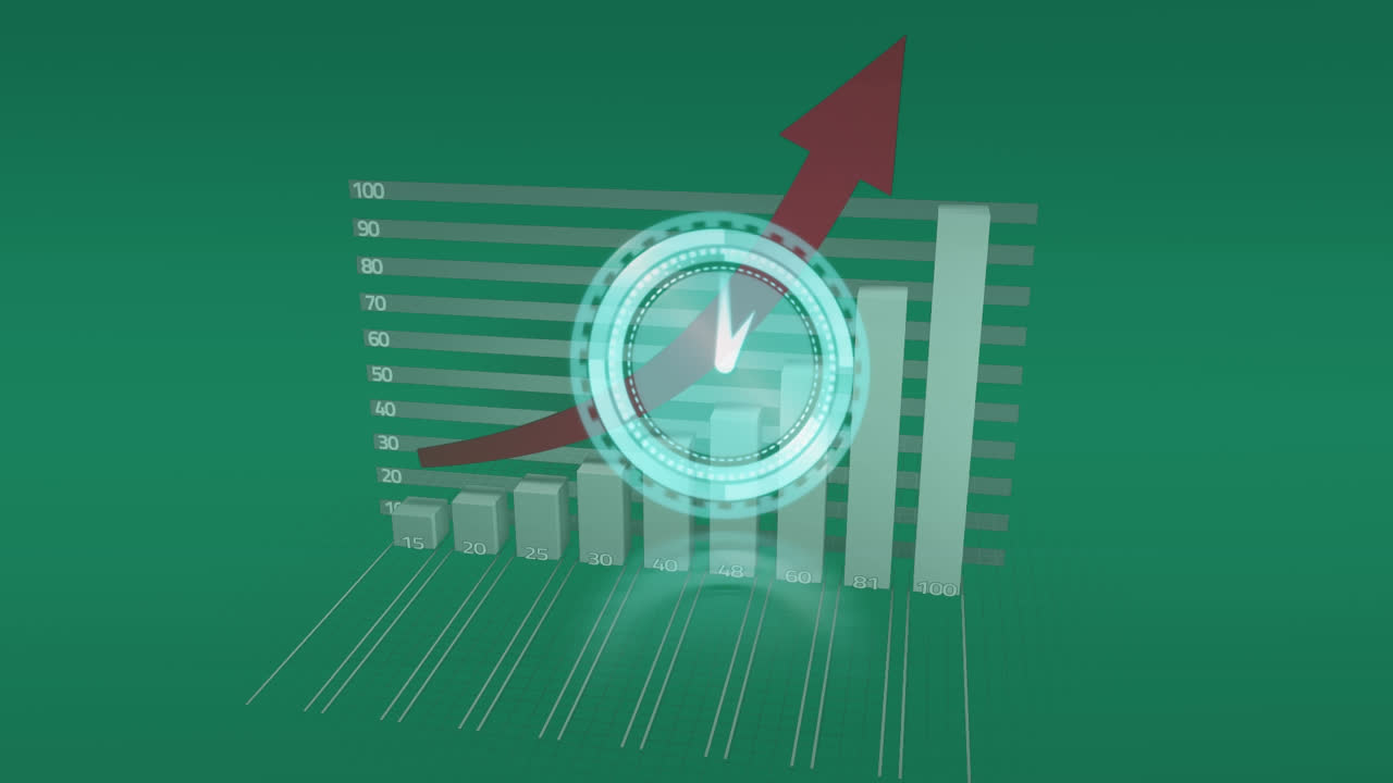 Animation of clock over graph and arrow on green background