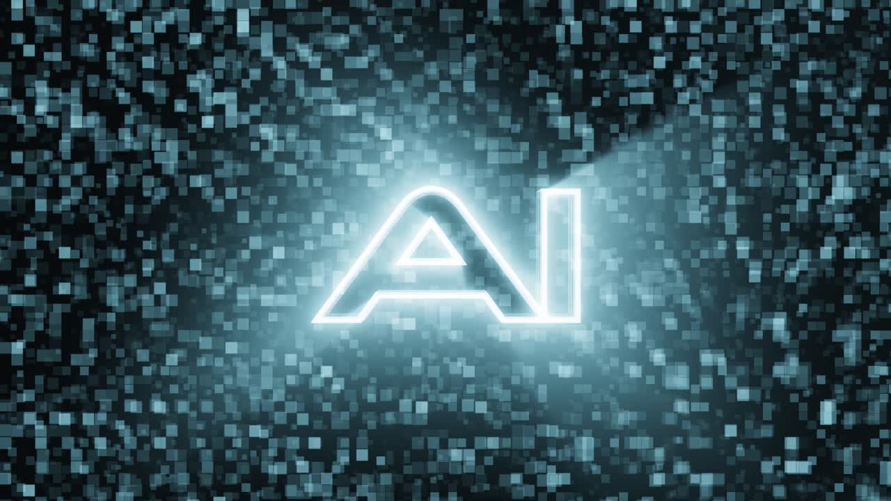 Animation of AI, artificial intelligence, text with square pixel-like animation background and the camera flying out of the text.