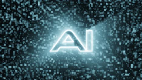 animation of ai, artificial intelligence, text with square pixel-like animation background and the camera flying out of the text.
