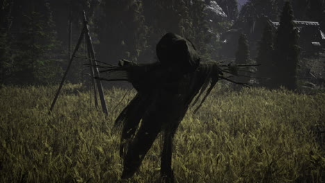 scarecrow standing alone in a moonlit field surrounded by forest