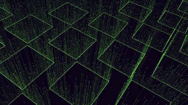 Green square grid dynamic and depth-inducing pattern on black background