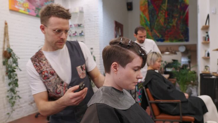 Una persona che si fa tagliare i capelli in un salone