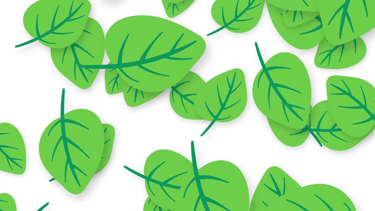 Stylized green leaves fall and tumble across a white background in a playful animation.