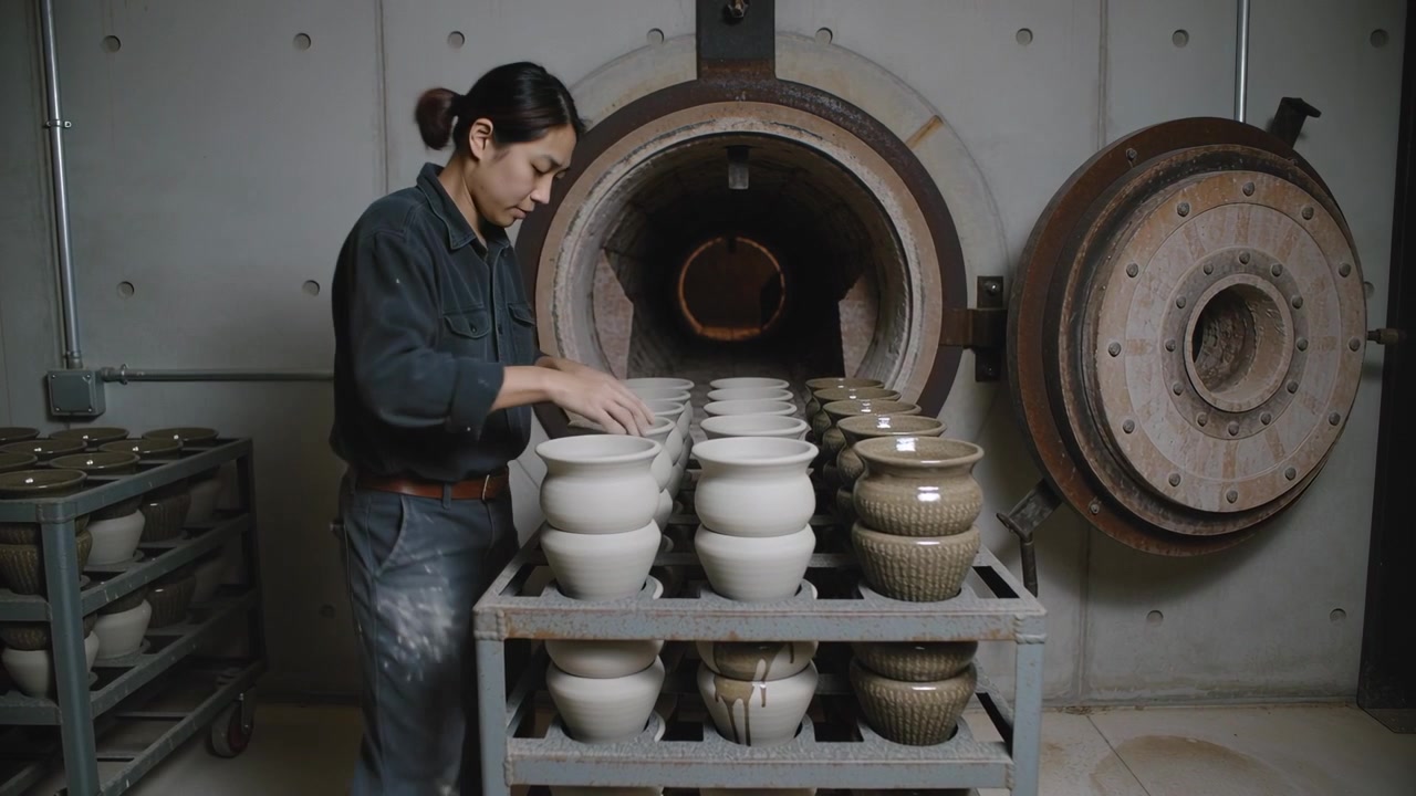 Arranging potter placing pots on metal rack in kiln room, door open, dark jacket for firing