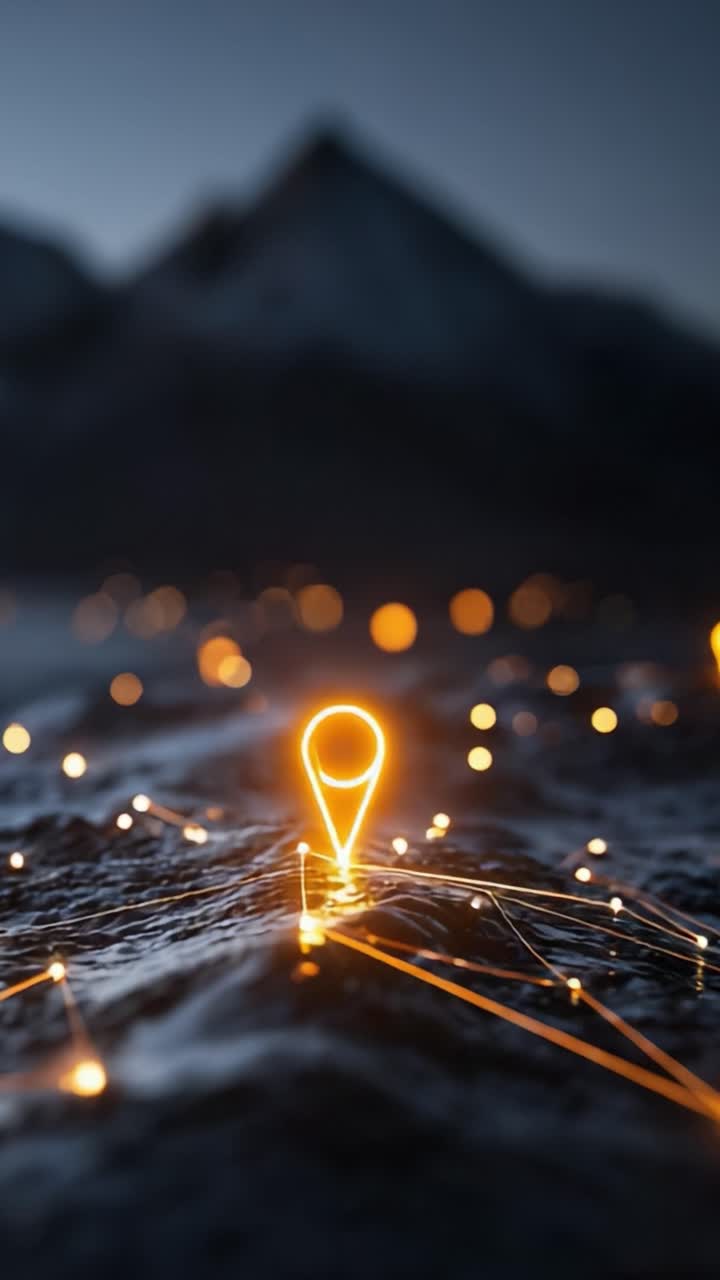 A Glowing Location Pointer Illuminates the Terrain, Highlighting Connectivity and Mapping in a Digital Landscape Against a Mountainous Backdrop