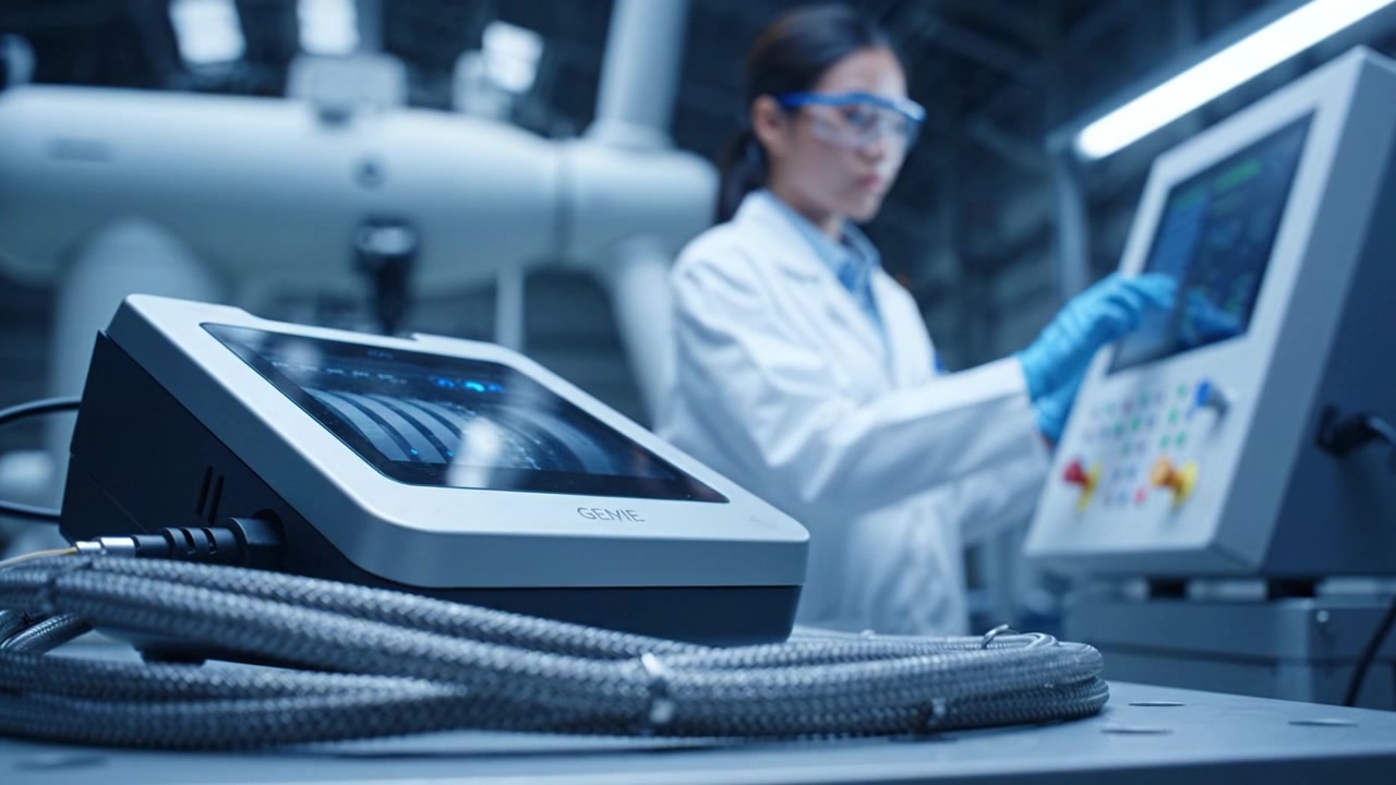Close-up of Advanced Control Device in a High-Tech Laboratory with a Focused Technician in a White Lab Coat Operating Scientific Equipment for Precision Analysis