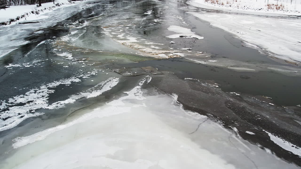 겨울에 얼어붙은 강물. 드론이 내려오는