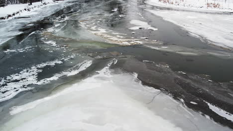 agua de río congelada en invierno. disparo de descenso de avión no tripulado