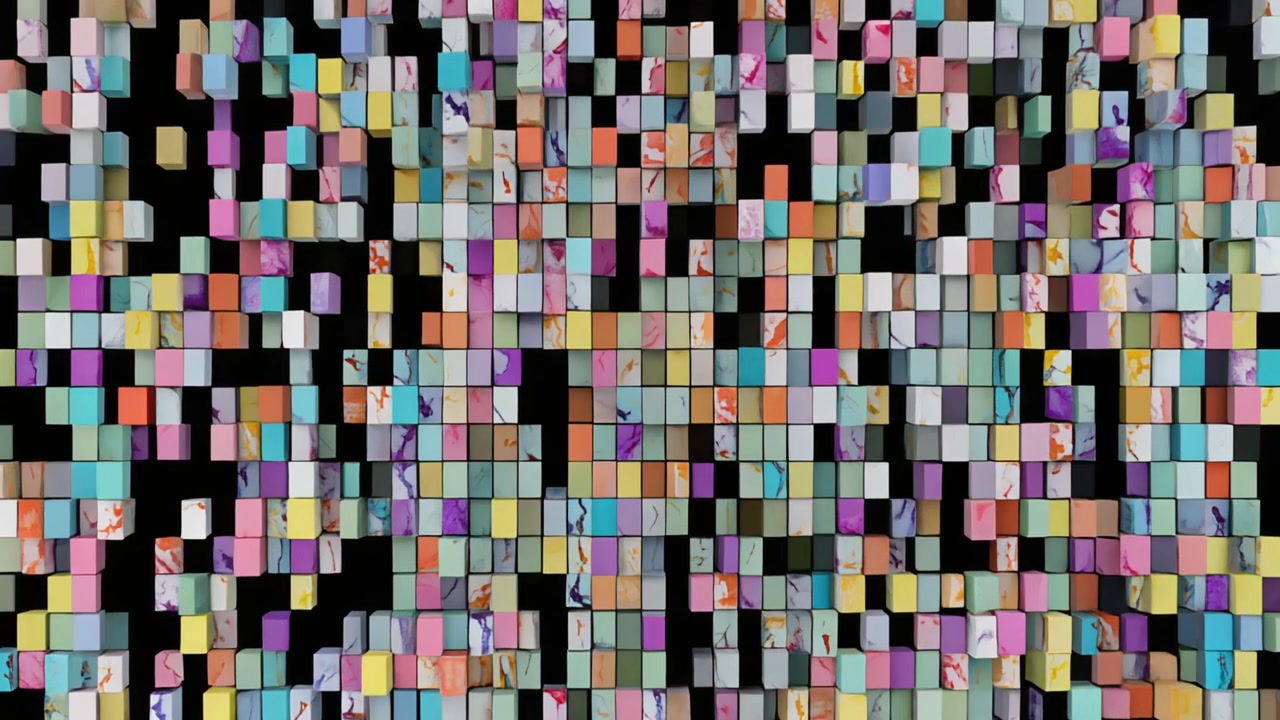 Abstract Animation of Colorful Marble Textured Cubes Forming a Grid
