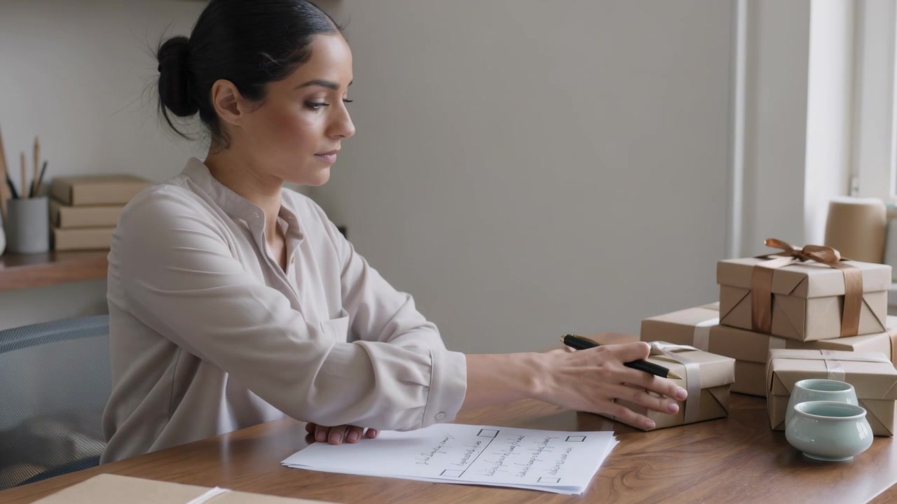 Filling printed checklist, woman wearing blouse at home studio, picking kraft boxes for orders