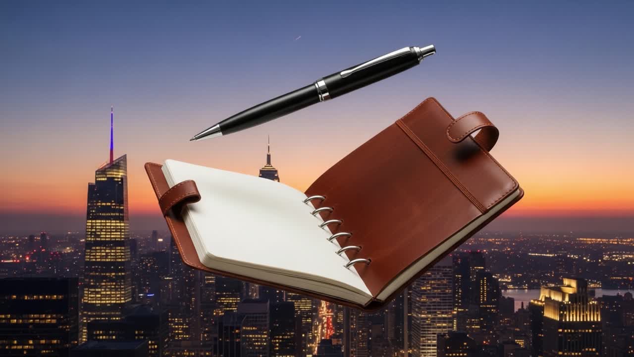 Dynamic Notebook and Pen Composition Against a Stunning City Skyline at Dusk: Emphasizing Creativity and Inspiration in an Urban Setting