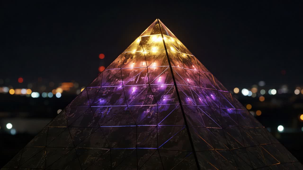 Illuminated Pyramid Structure at Night Showcases a Stunning Display of Colorful Lights Against a Dark Background, Captivating Viewers and Creating a Mesmerizing Atmosphere
