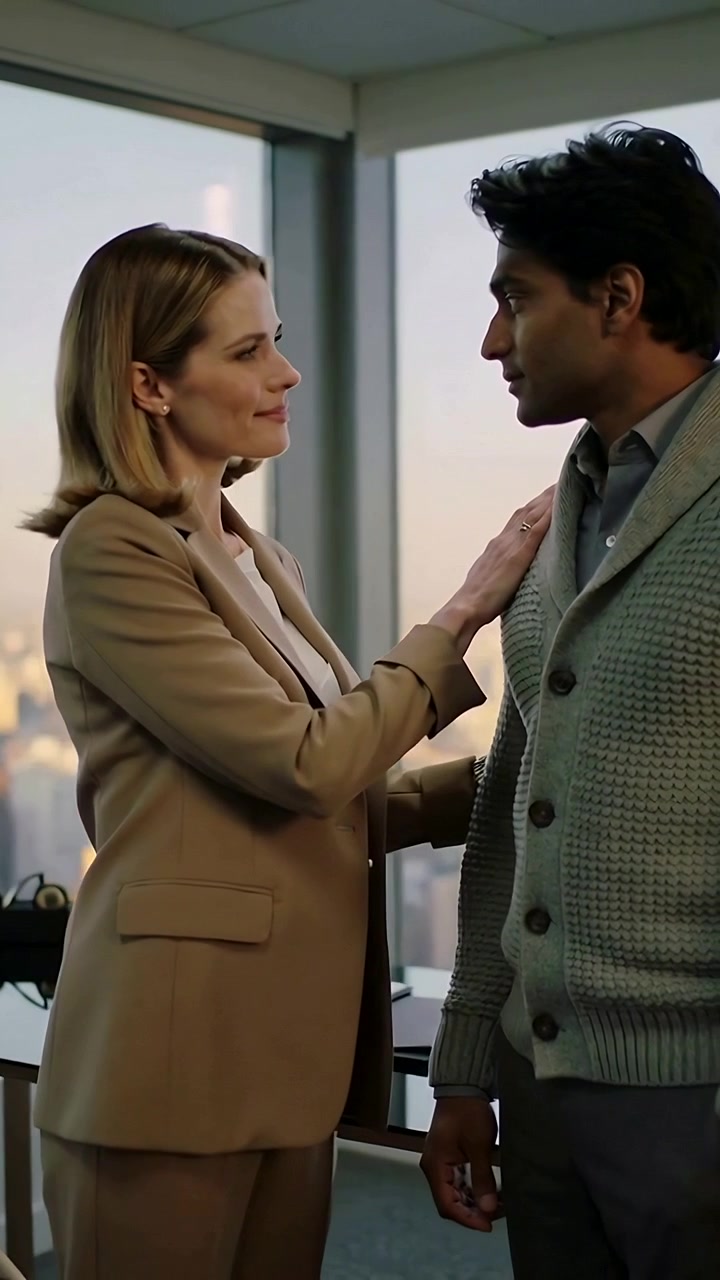 Vertical video: Raising woman tan suit placing hand on man, both turning, viewing skyline in office